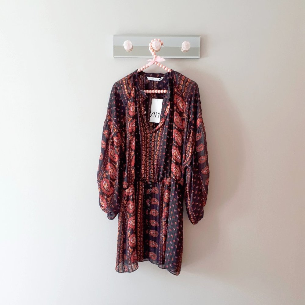 NWT Zara black paisley print boho mini dress, S - Picture 9 of 10